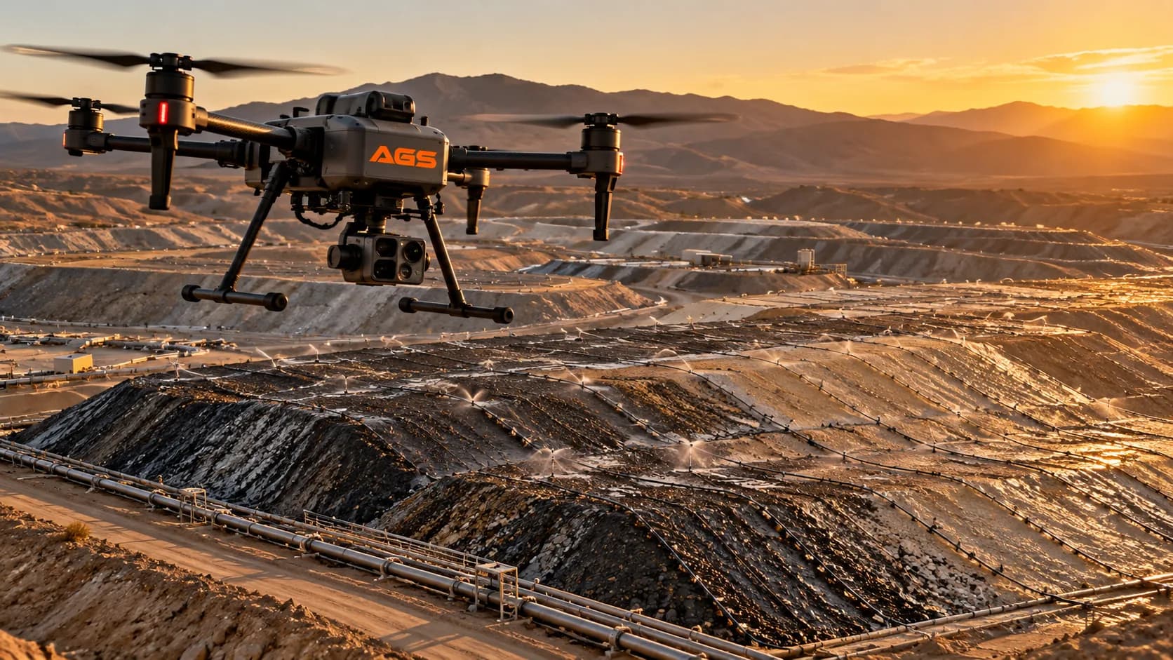 AGS drone over a leach pad, with the irrigation lines and the pad benches at sunset