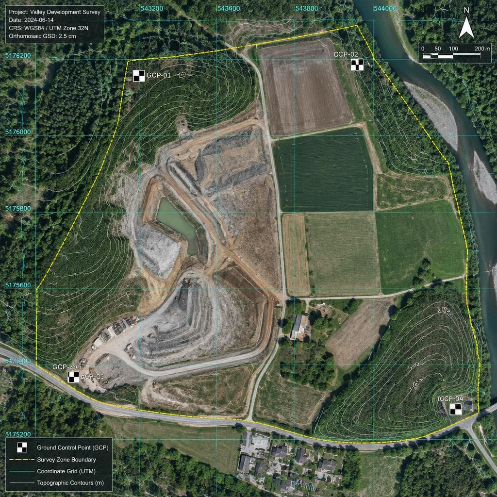 Orthomosaic from an aerial photogrammetric survey, with a UTM coordinate grid, contour lines, ground control points and the boundary of the surveyed area