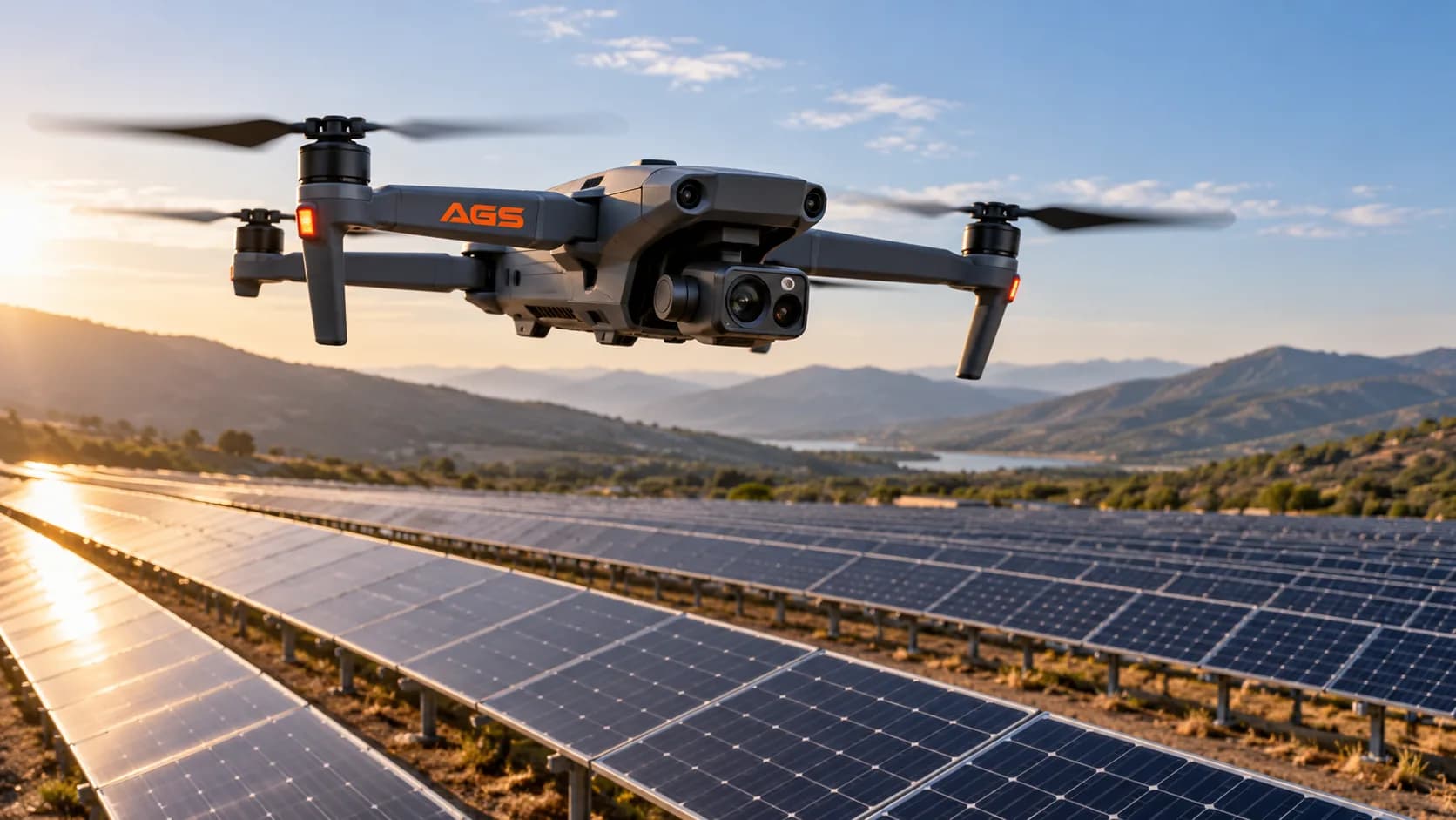 AGS drone in flight over the rows of a photovoltaic plant, with the sun rising behind the panels