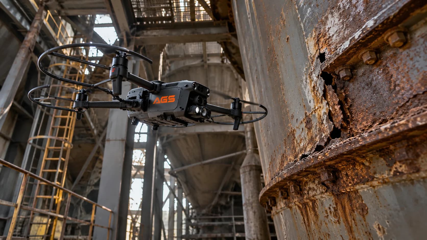 AGS drone with propeller guards inspecting corrosion on a metal tank at close range inside an industrial plant