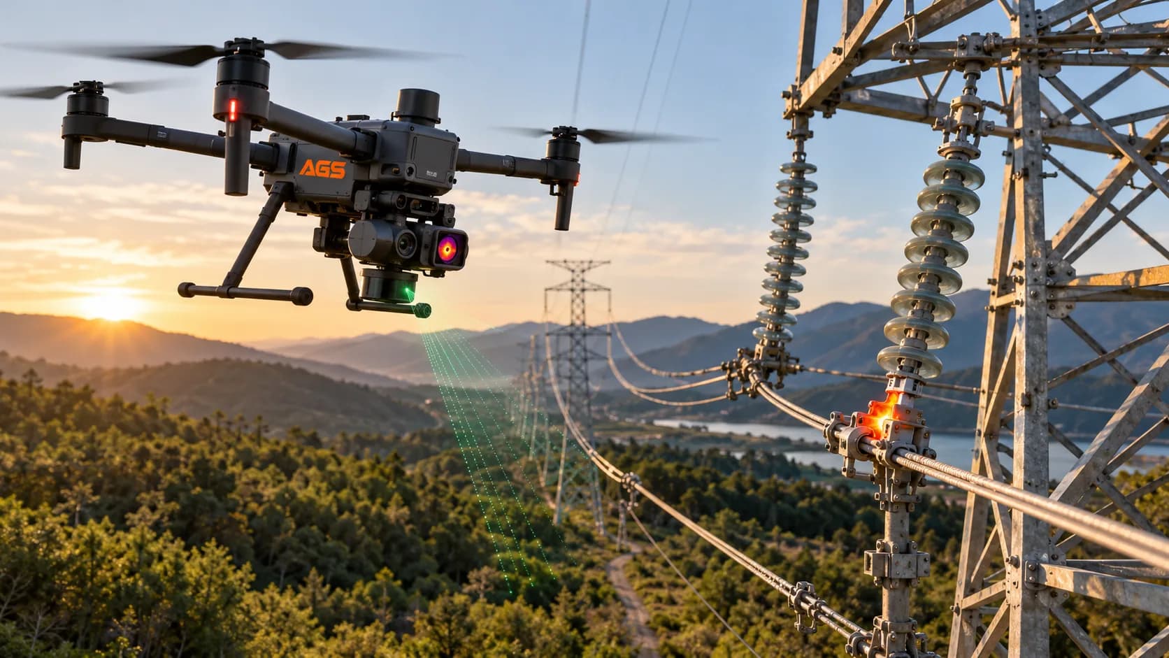 AGS drone inspecting the insulators of a high-voltage tower, with the line running down the valley