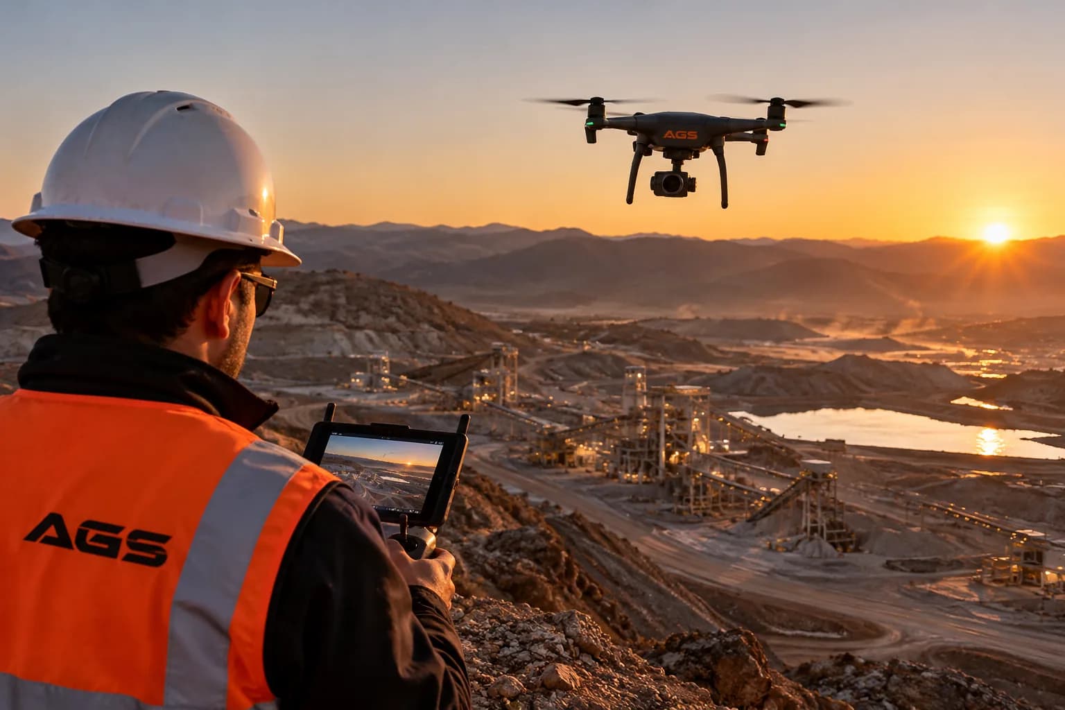 AGS operator flying a drone, controller in hand, facing a mine site at sunset