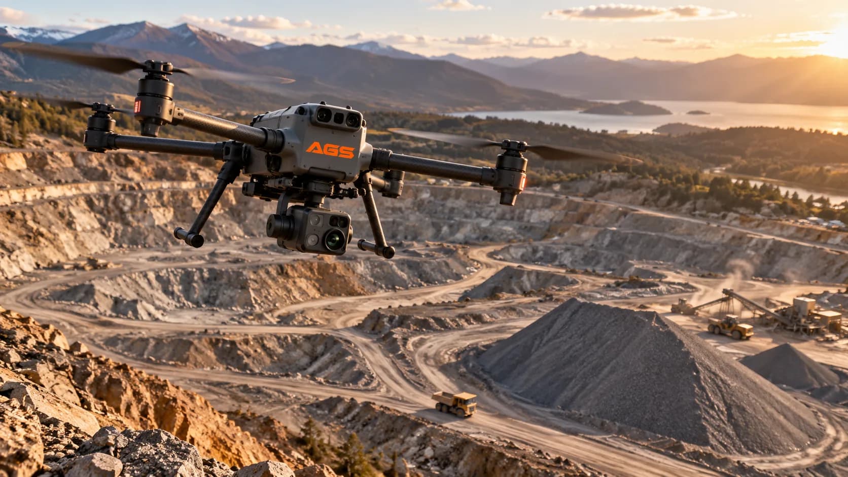 AGS drone flying over an open-pit quarry, with its benches and haul ramps in view